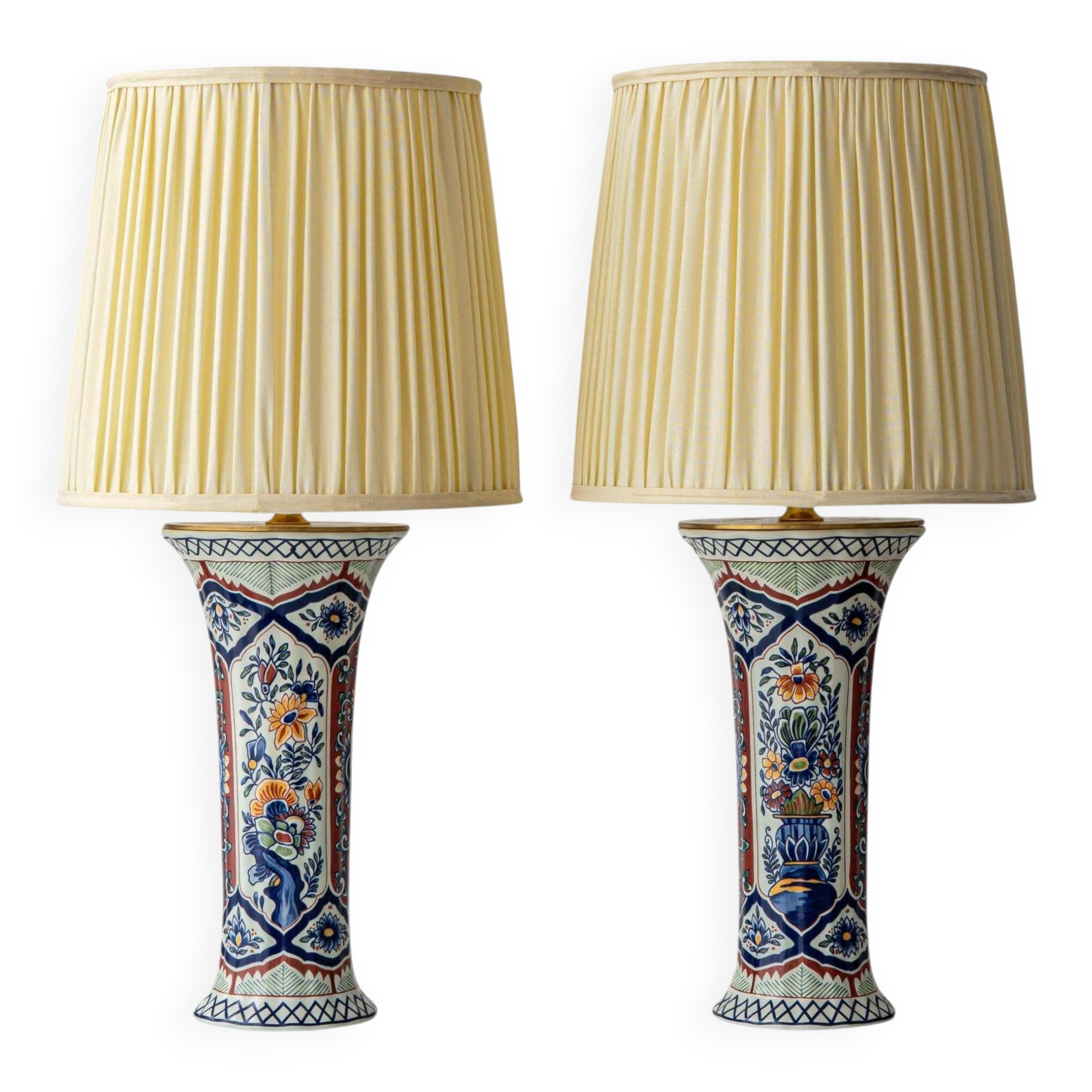 Vintage Belgian Delft Style Table Lamps by Boch with Brass Elements, 1950-1970, New Shades