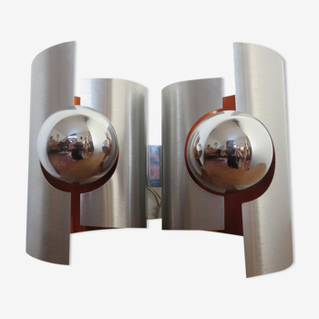 Double wall lamp in brushed steel and orange anodized steel 1970