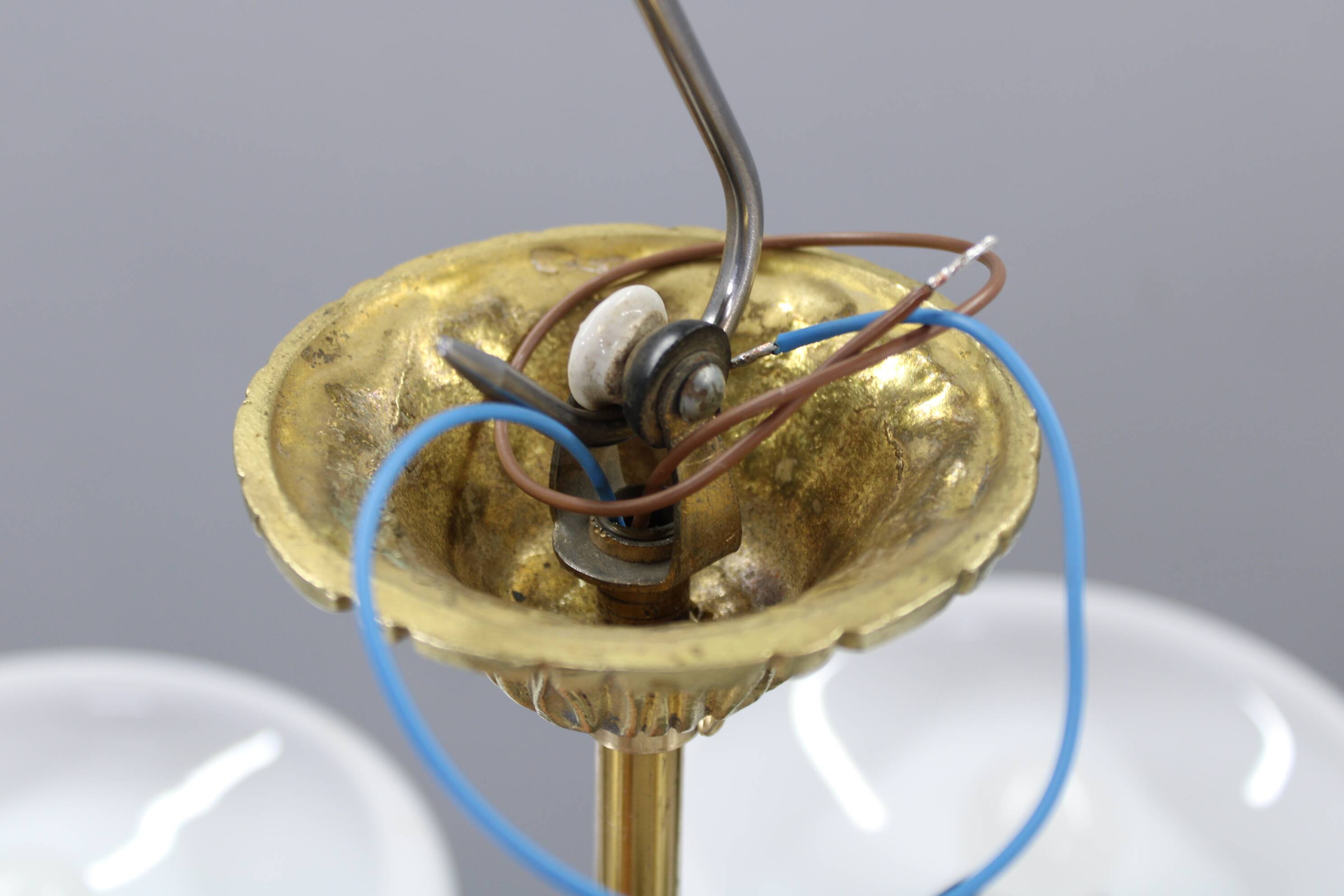 Art Deco six-light chandelier in chrome, brass and opaline glass