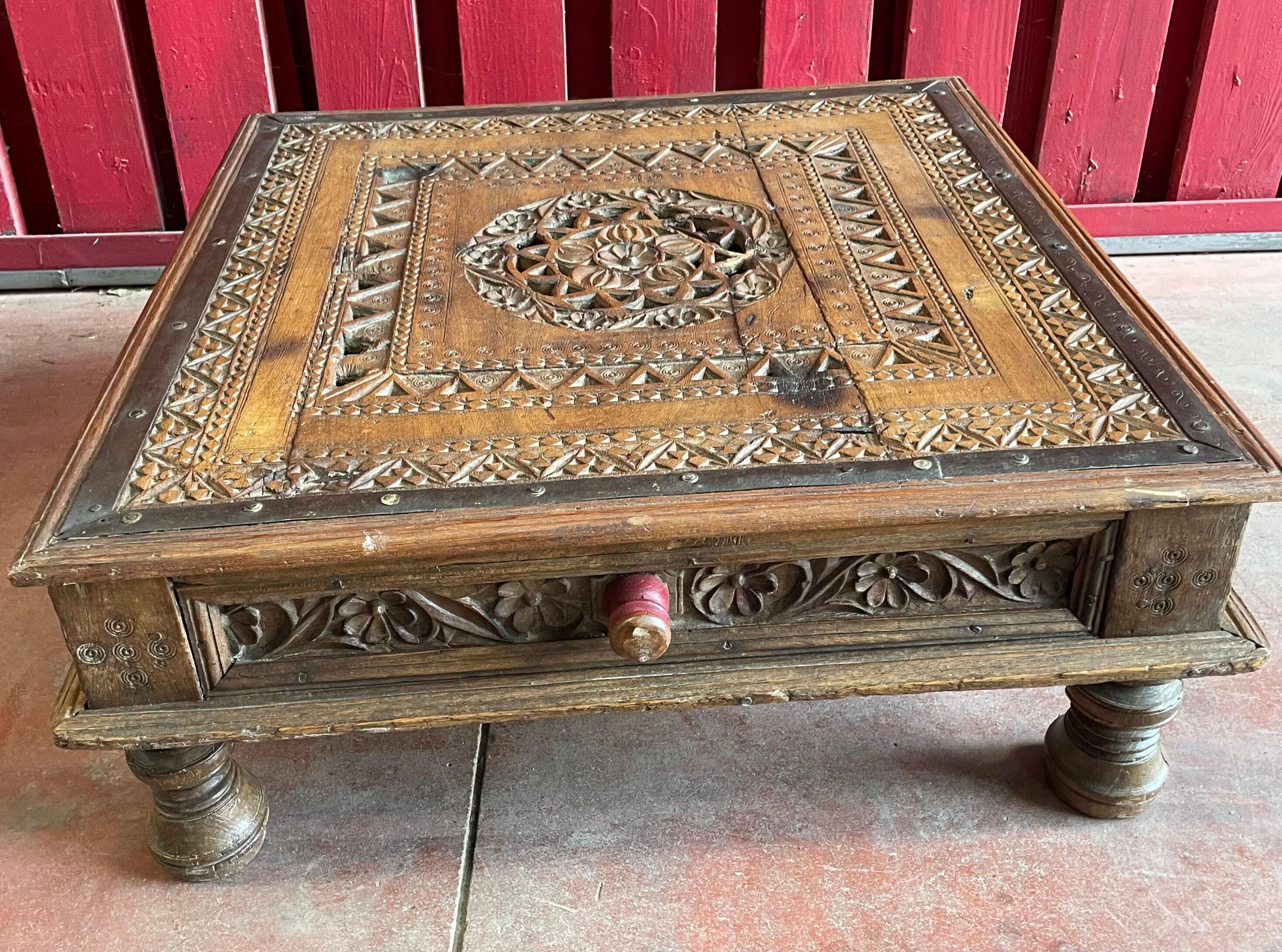 Solid teak wood coffee table carved by hand, India