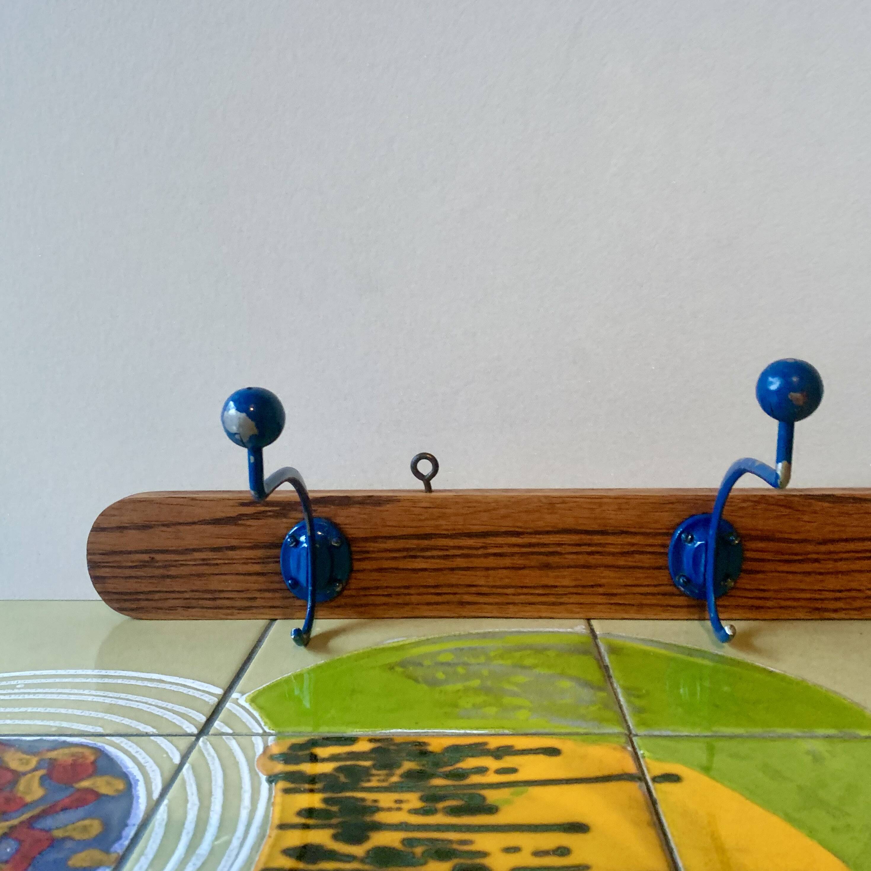 Vintage wooden wall coat rack - triple coat hook with blue metal balls