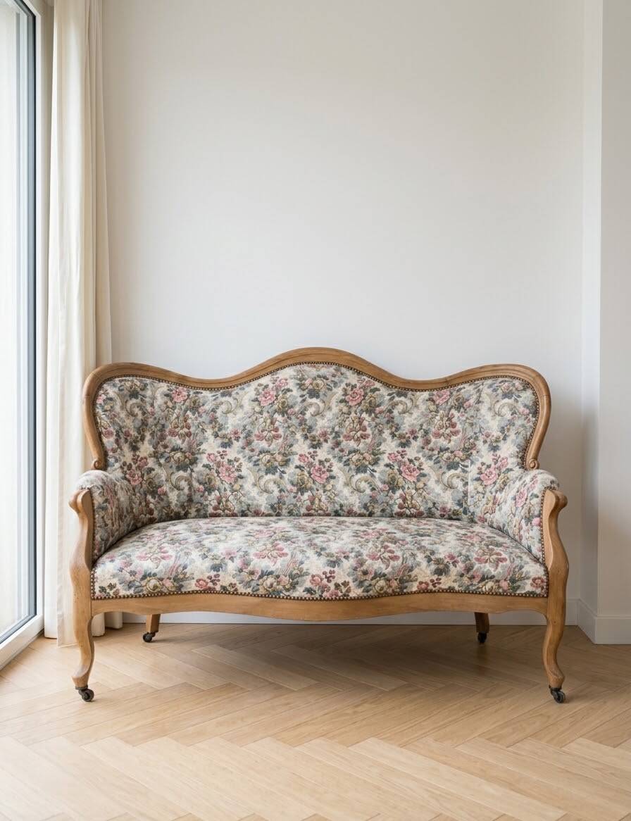 Classic wooden and floral fabric sofa bench