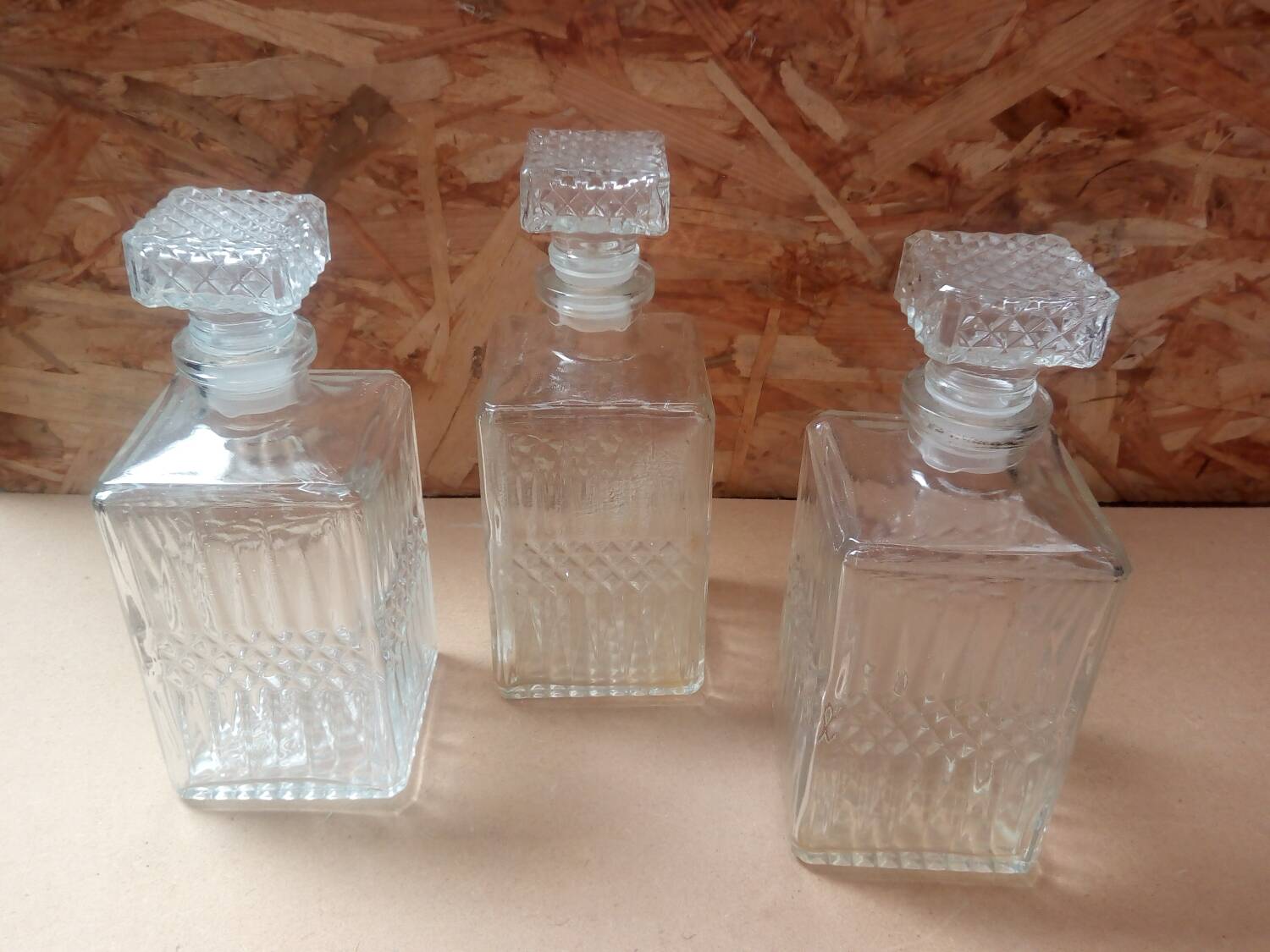 Set of 3 molded glass whiskey liqueur carafes + vintage stoppers