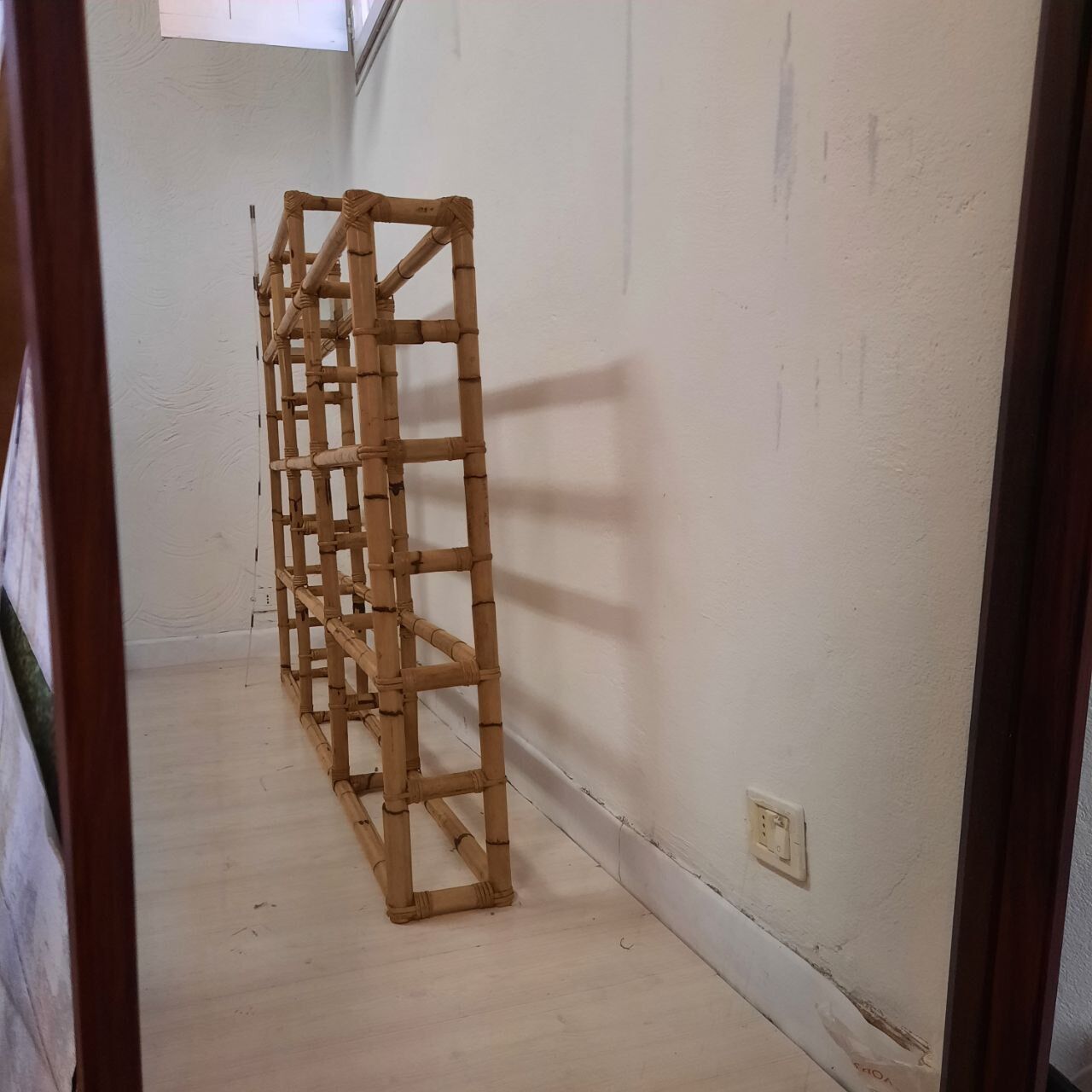 Bookcase, vintage bamboo shelf with glass shelves