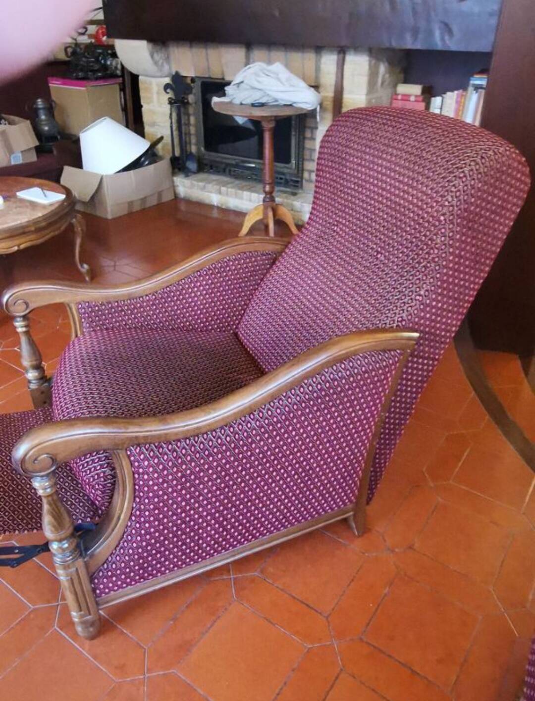 Louis XV style velvet and cherry wood reclining armchair