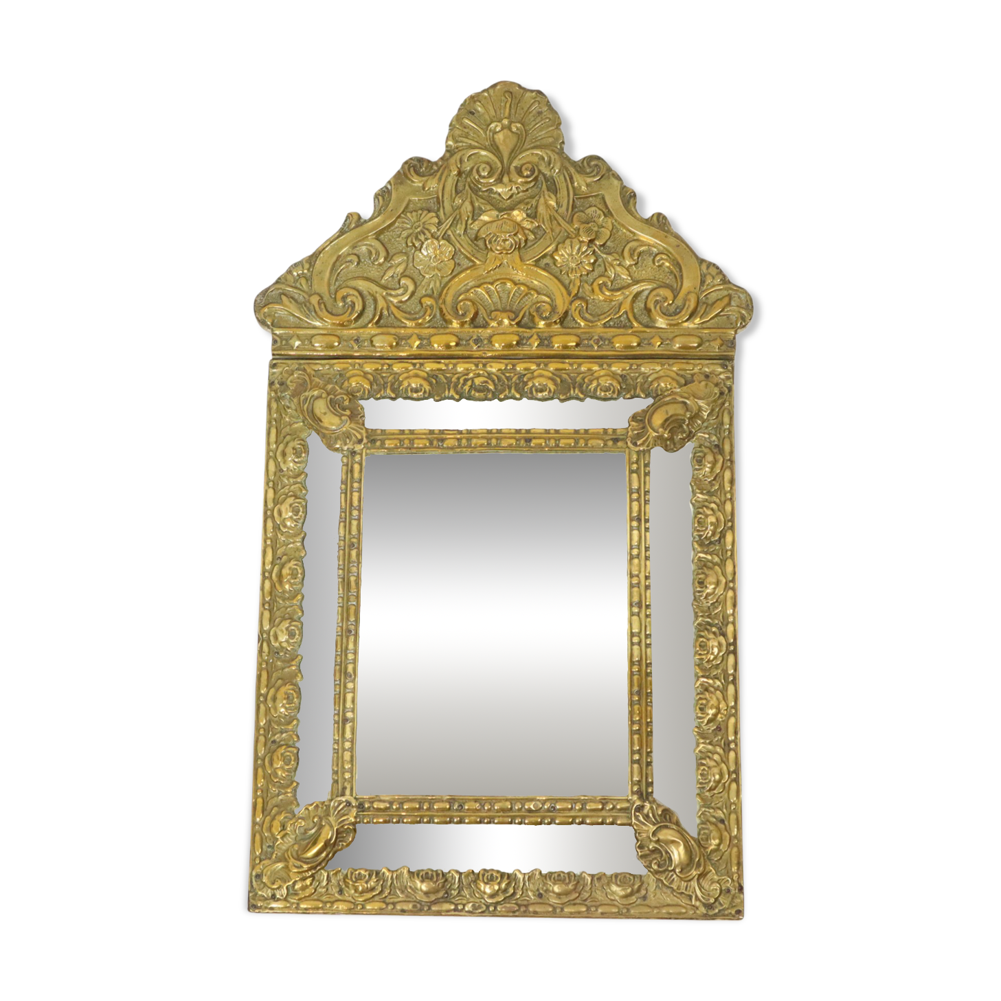 Ancien miroir à coussin repoussé facetté France
