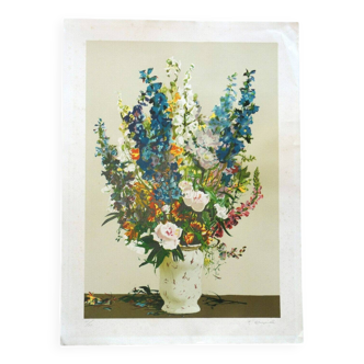Vase of delphiniums original lithograph signed cheyssial 1907 1997