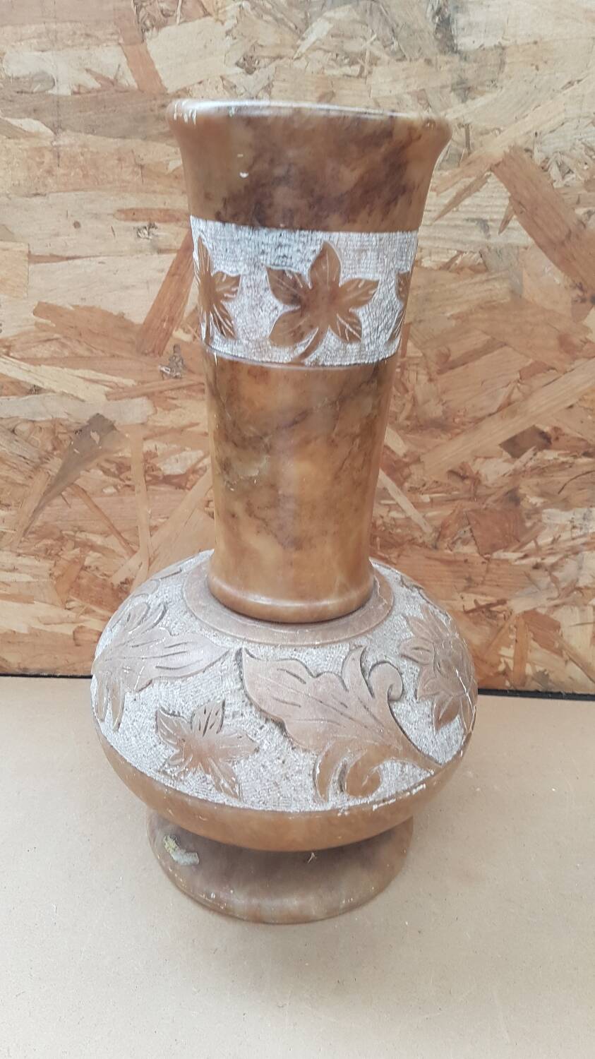Old alabaster vase decor flowers engraved large vintage model