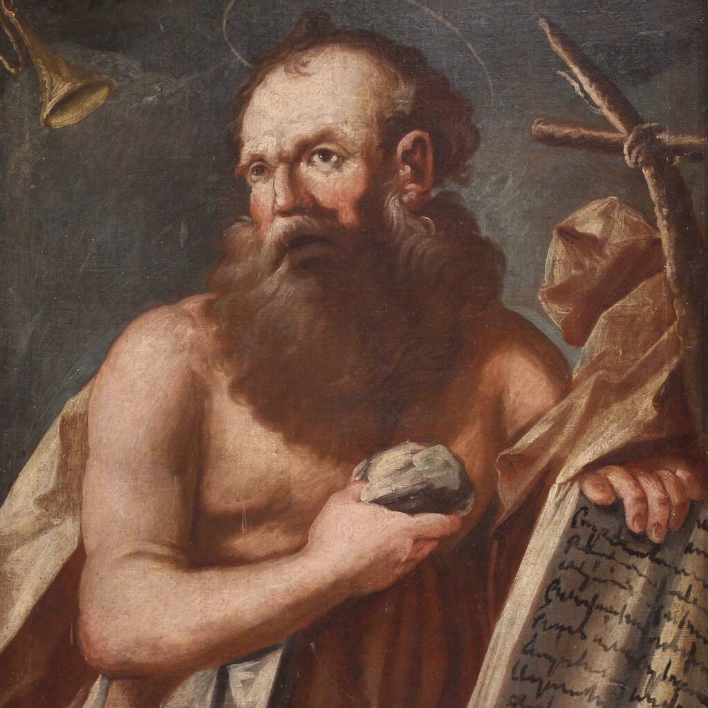 Antique religious painting from the 17th century, Penitent Saint Jerome