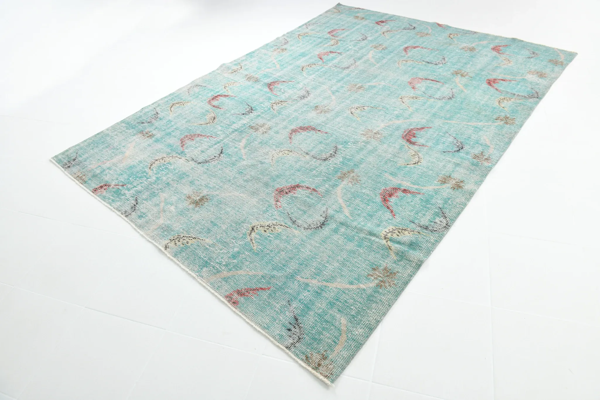 Teal Green Turkish Vintage Rug, Persian Style Living Room Carpet, 222x321Cm