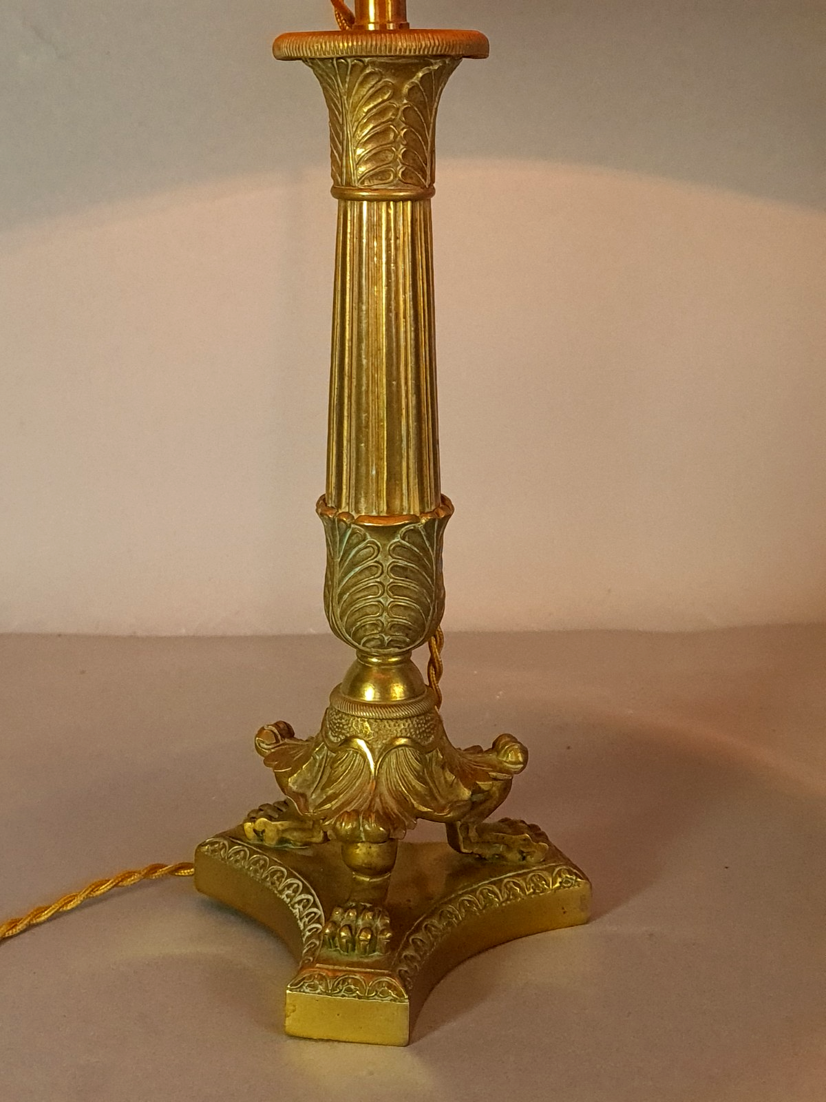 Antique bronze brass torch mounted as a lamp with shade, 44 cm C676