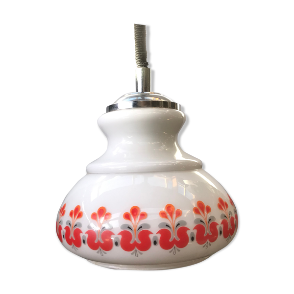 Suspension ancienne opaline blanc monte & baisse décor années 70 vintage
