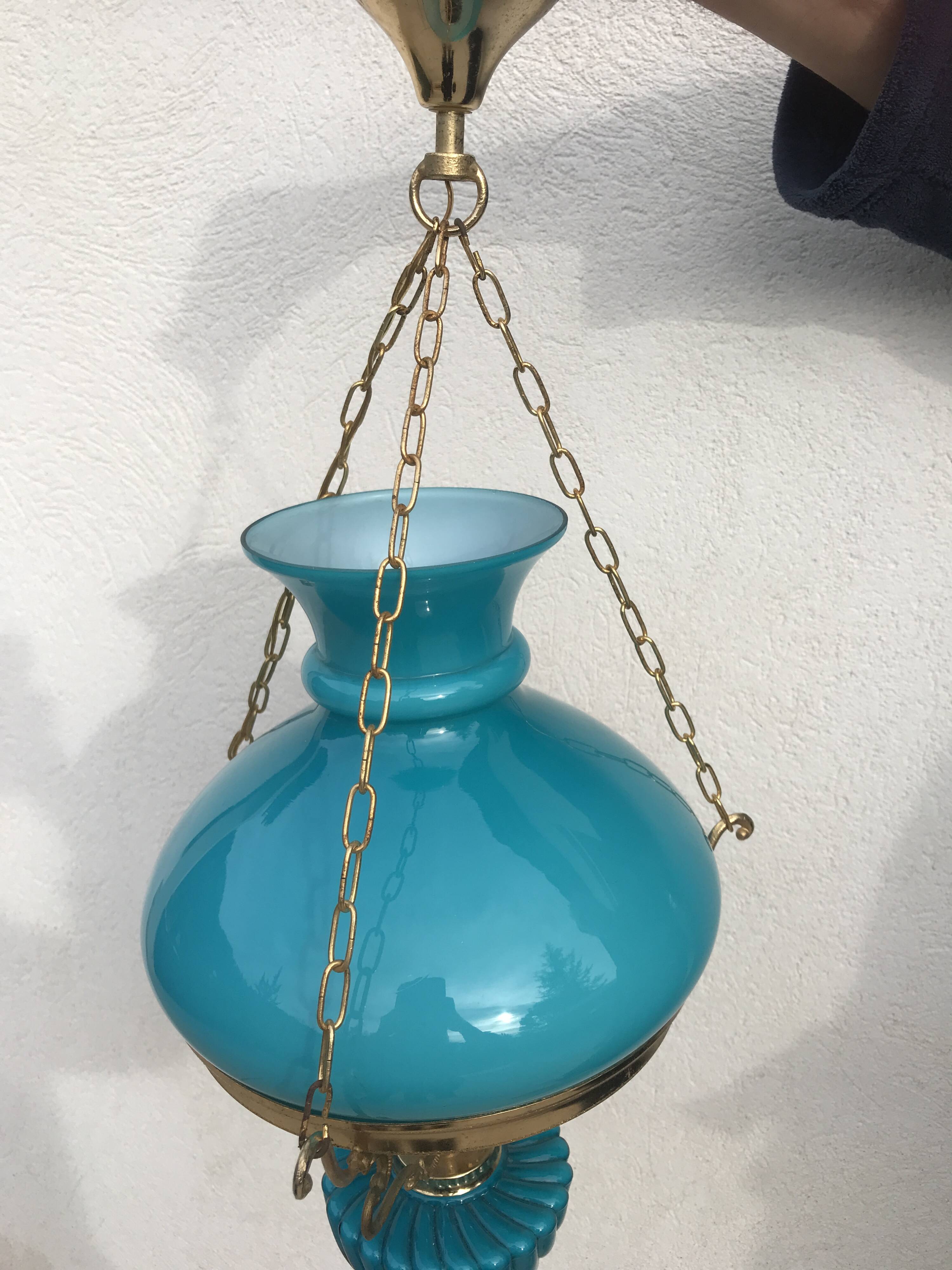 Pendant light in turquoise green opaline & brass
