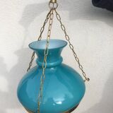 Pendant light in turquoise green opaline & brass