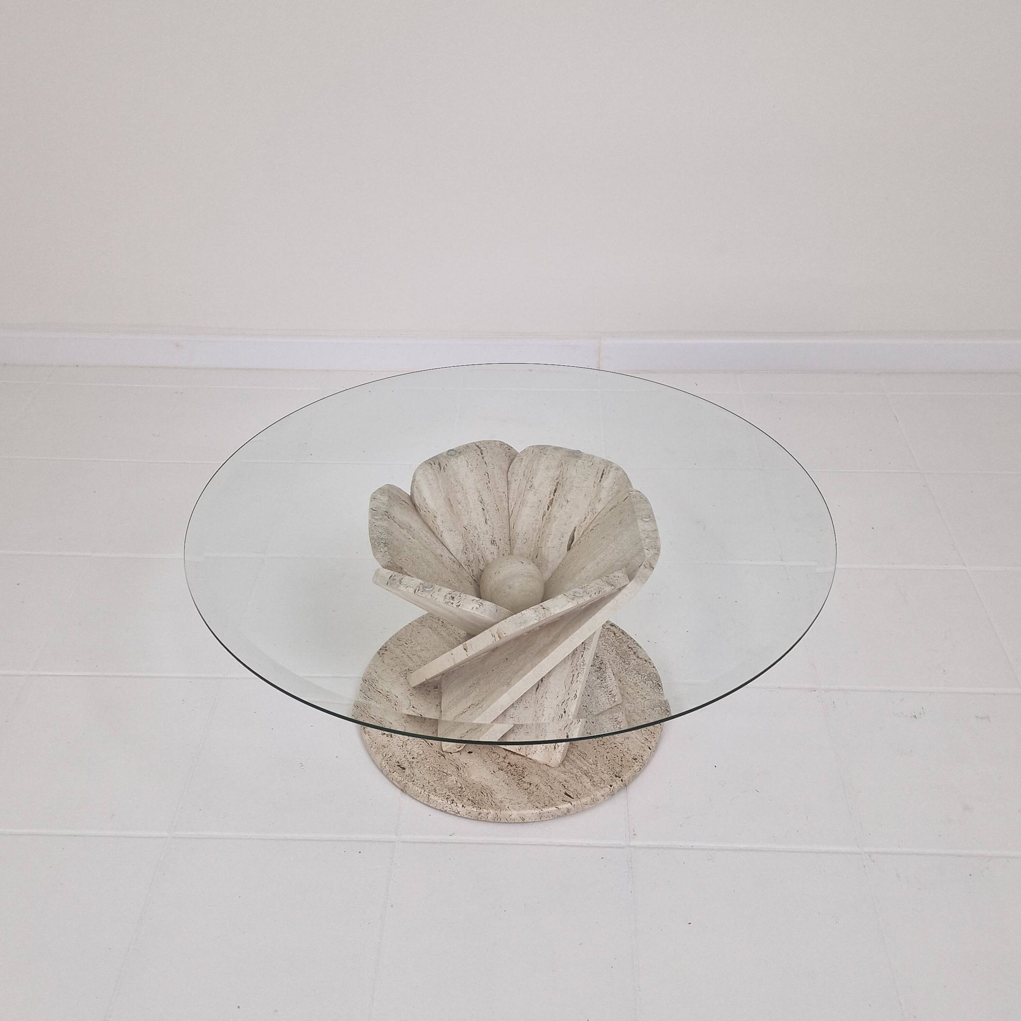 Italian "Flower" Coffee Table in Travertine With Facet-cut Round Plate, 1980s
