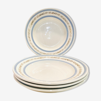 4 assiettes creuses en blanche à bande bleu ciel & fleurs