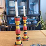 Polychrome turned wooden candlesticks