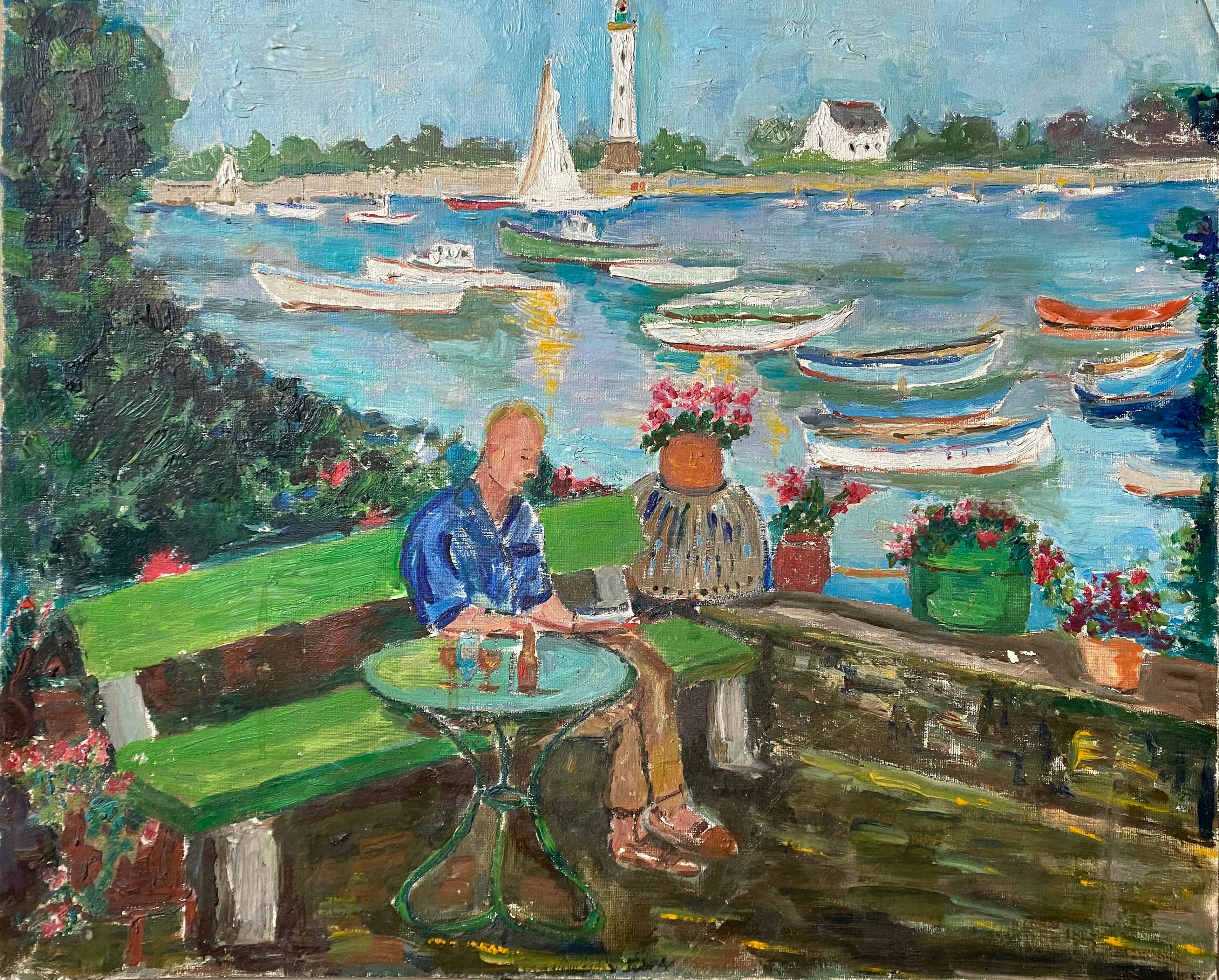 Animated marine painting "terrace by the sea" sailboats lighthouse hst/p
