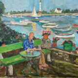 Animated marine painting "terrace by the sea" sailboats lighthouse hst/p