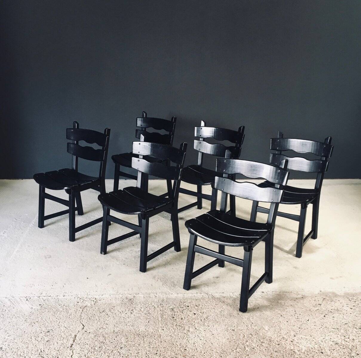 Brutalist dining chairs by Dittmann for Awa Radbound, Netherlands, 1970s, set of 6.