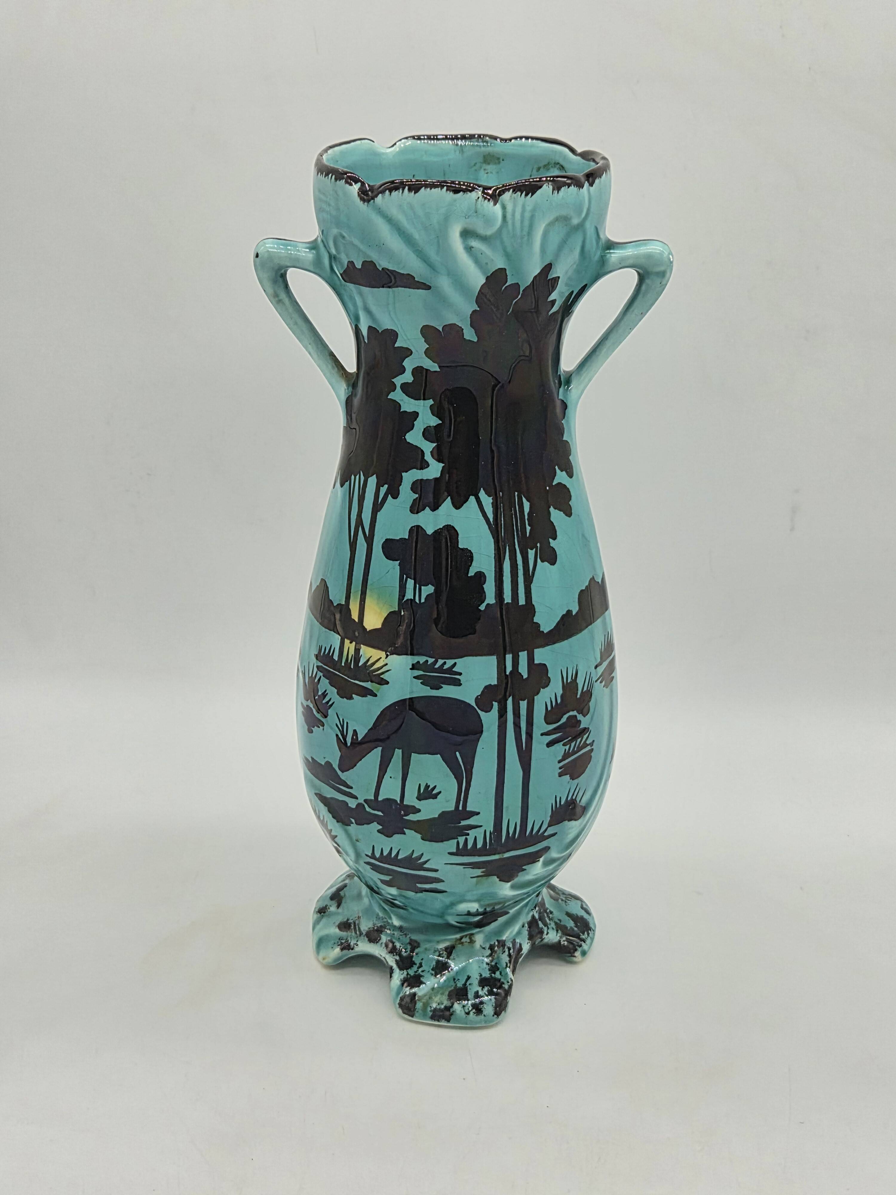 Art Deco turquoise vase with a deer design