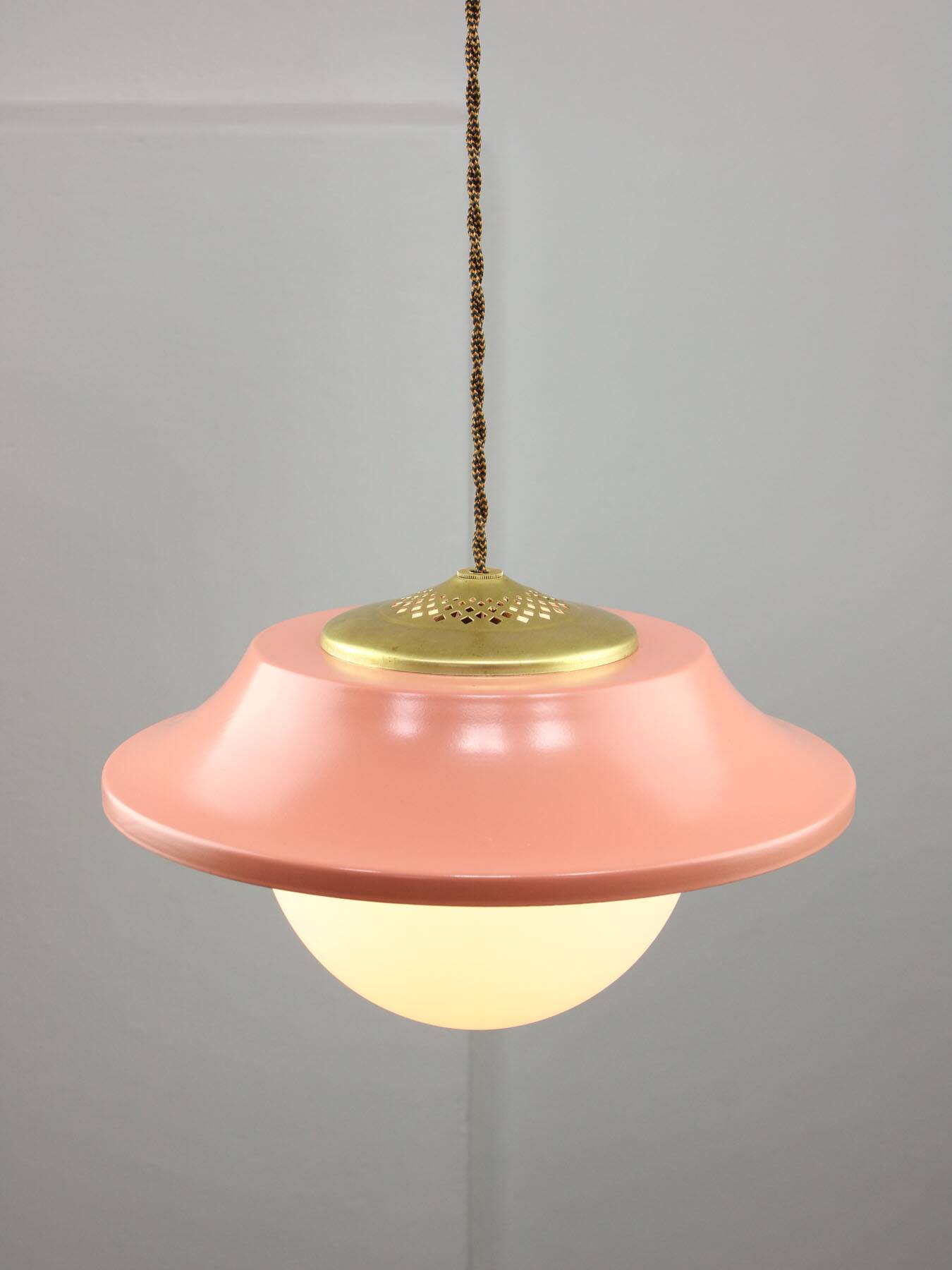 Mid-Century Italian Pink Metal and Brass Pendant Lamp
