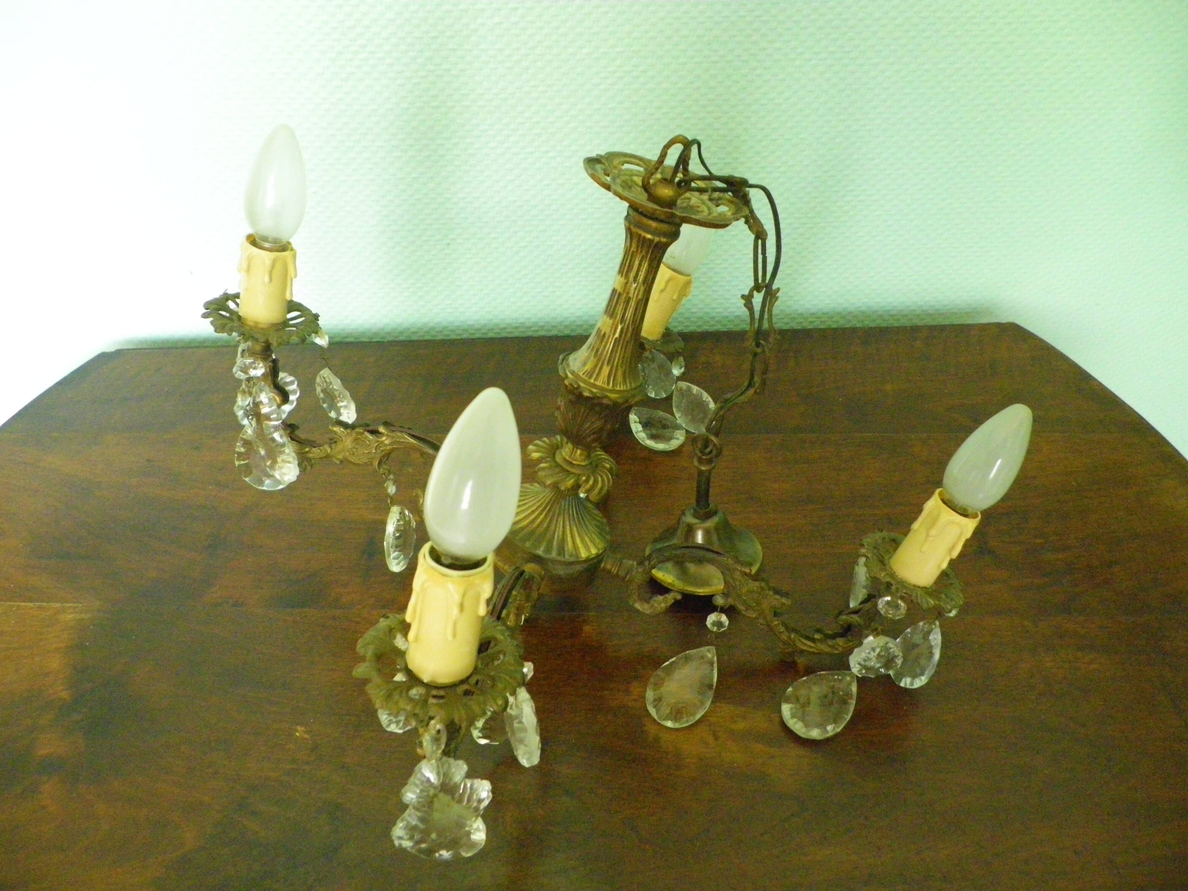 Rococo chandelier with crystal pendants, 4 lights, brass and metal 1950/1960