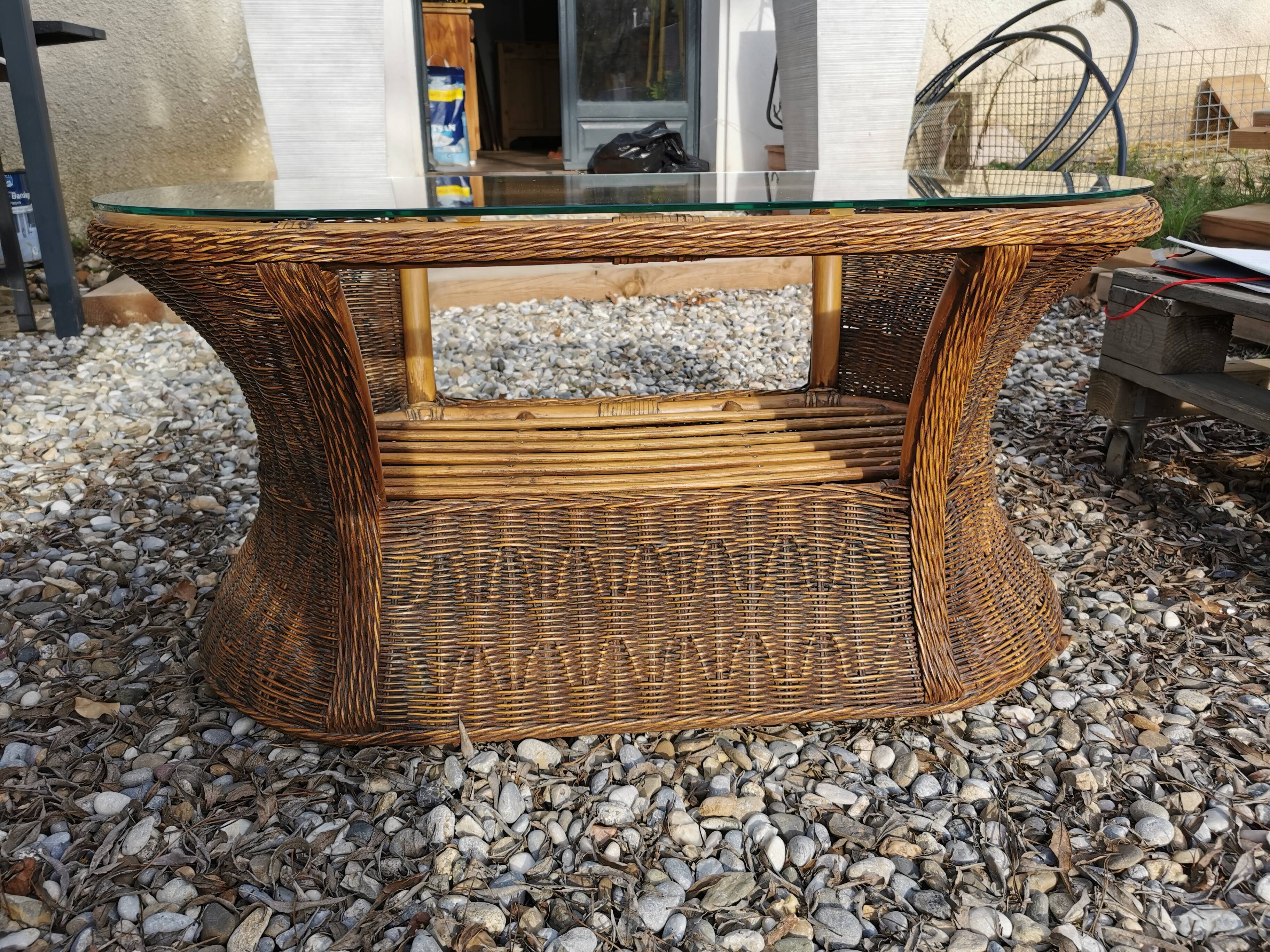 Oval vintage rattan coffee table