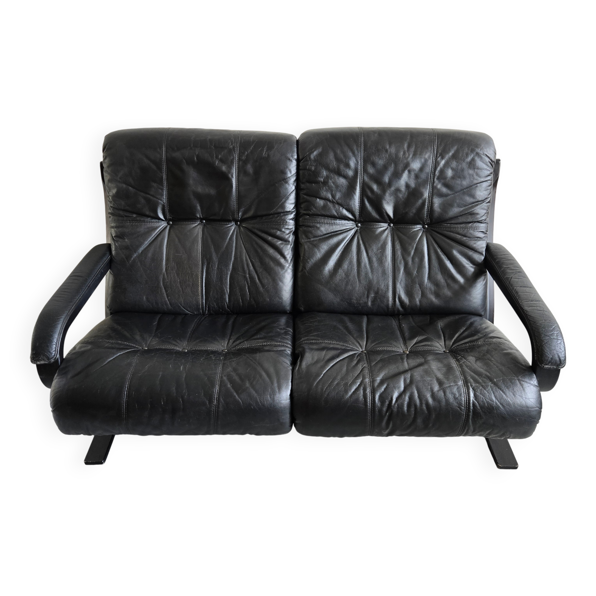 Scandinavian 2-seater sofa 1970s vintage in black leather and curved wood