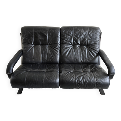 Sofa canapé scandinave 2 places 1970 vintage en cuir noir et bois courbé