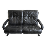 Scandinavian 2-seater sofa 1970s vintage in black leather and curved wood