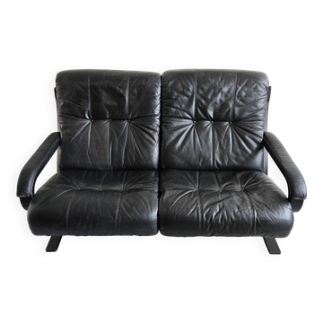 Scandinavian 2-seater sofa 1970s vintage in black leather and curved wood