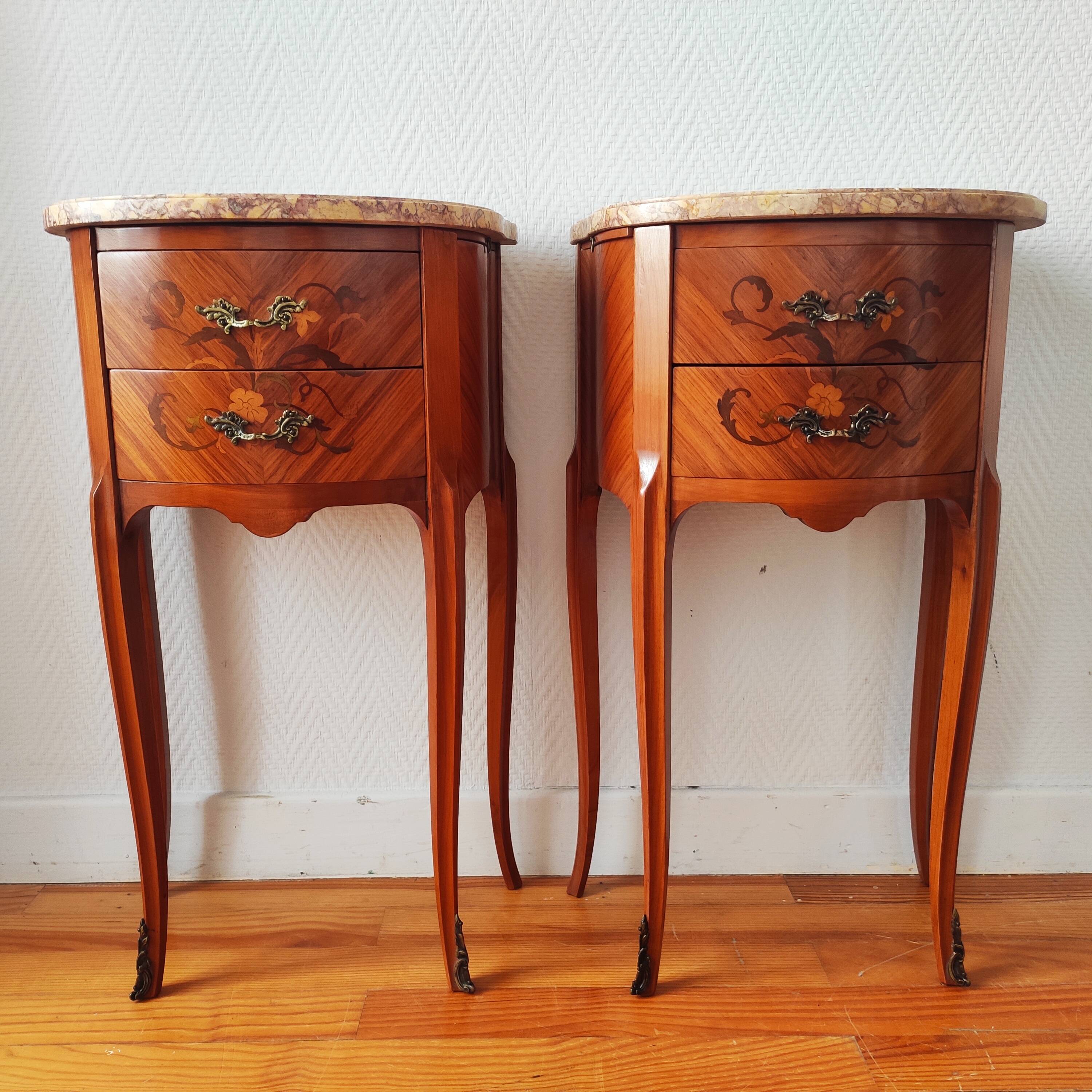 Pair of Louis XV style bedside tables in wood and marble