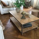 Wooden and iron coffee table with 2 shelves