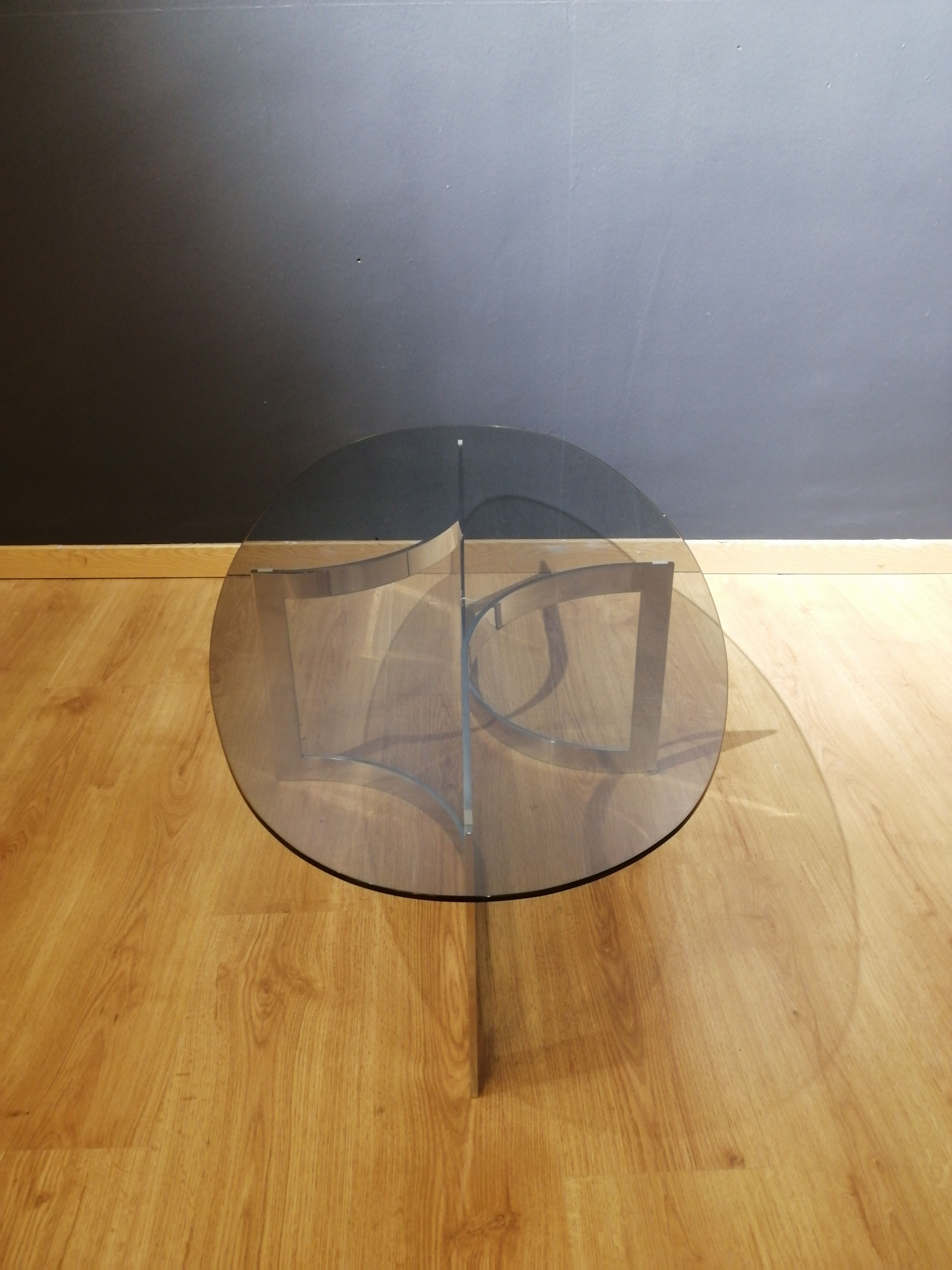 Coffee table in smoked glass and chrome by designer Paul Legeard, 70s