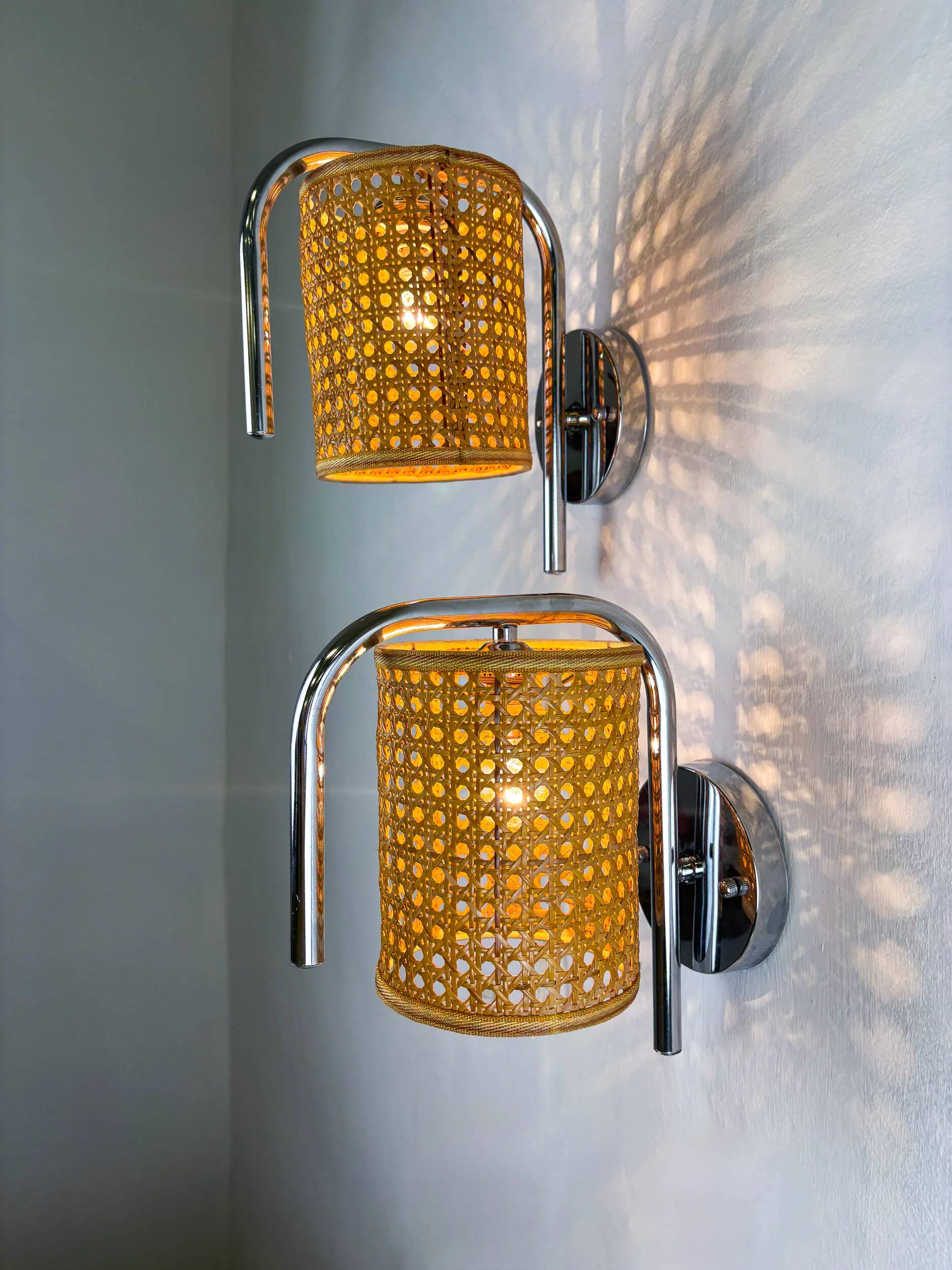 Pair of vintage rattan & chrome wall lights, Italy, 1970s