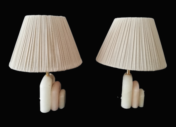 Pair of Art Deco marble alabaster pleated shade table lamps vintage