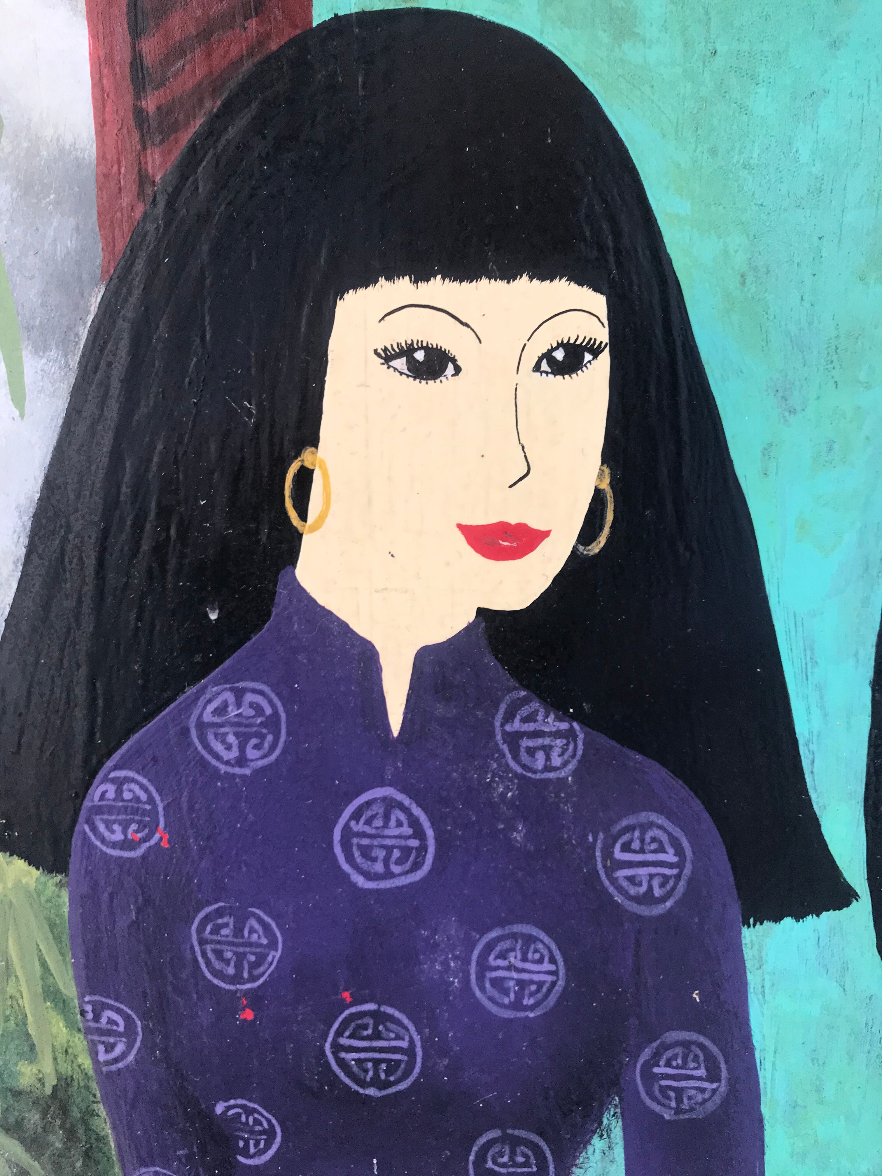 Tableau huile sur bois scène d'intérieur japonais