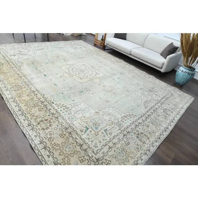 1970s Vintage Persian Handmade Wool Cotton Beige Area Rug 304x405