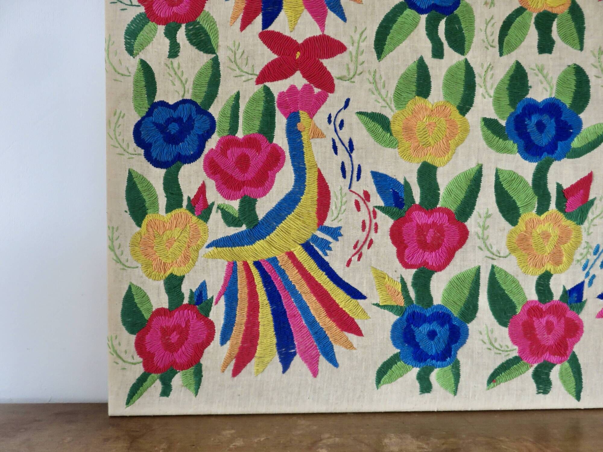 Large Mexican tapestry OTOMI TENANGO, colourful flowers and birds, 1970