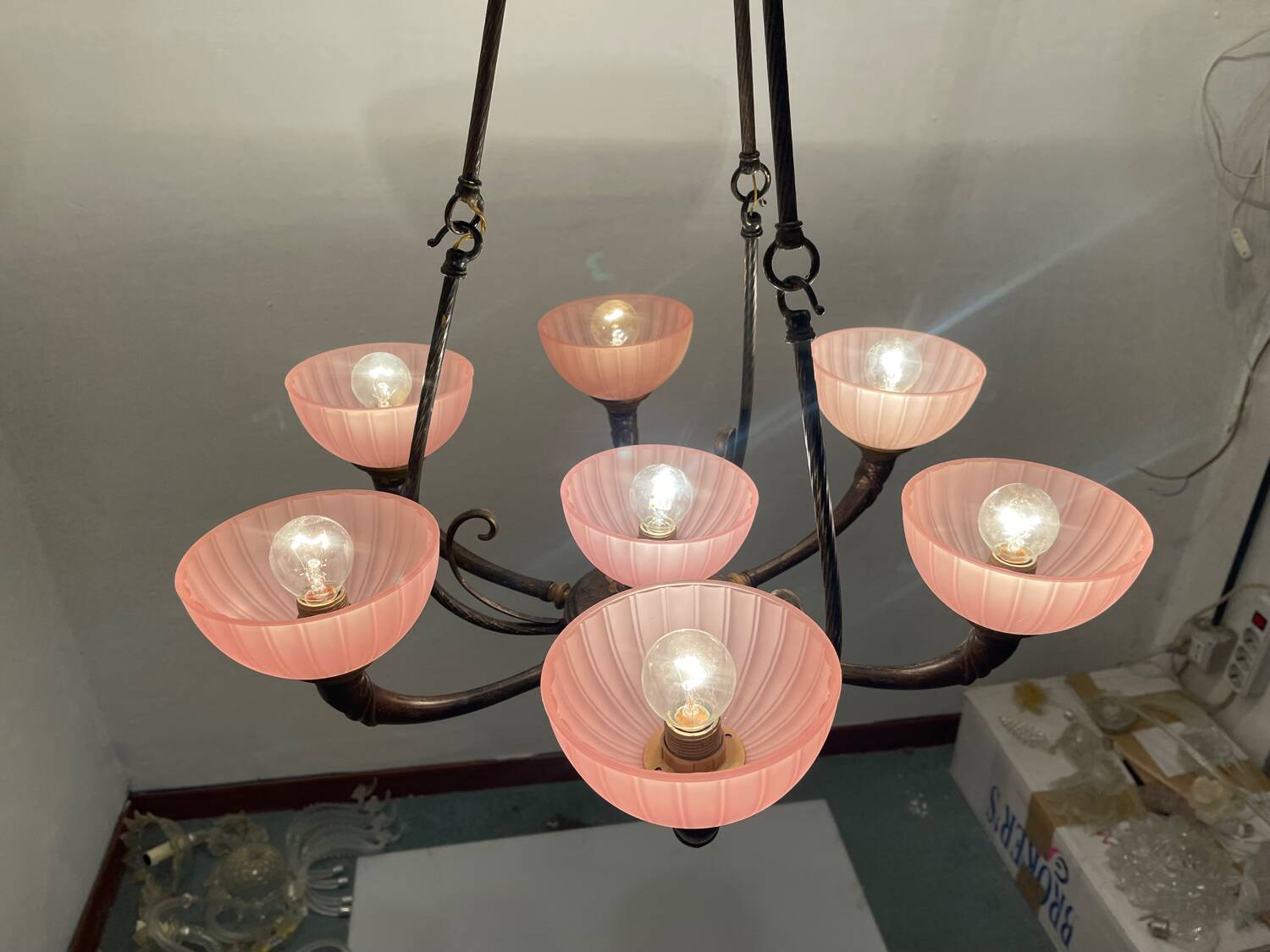 Pink Liberty Style Wrought Iron Chandelier 1960’s