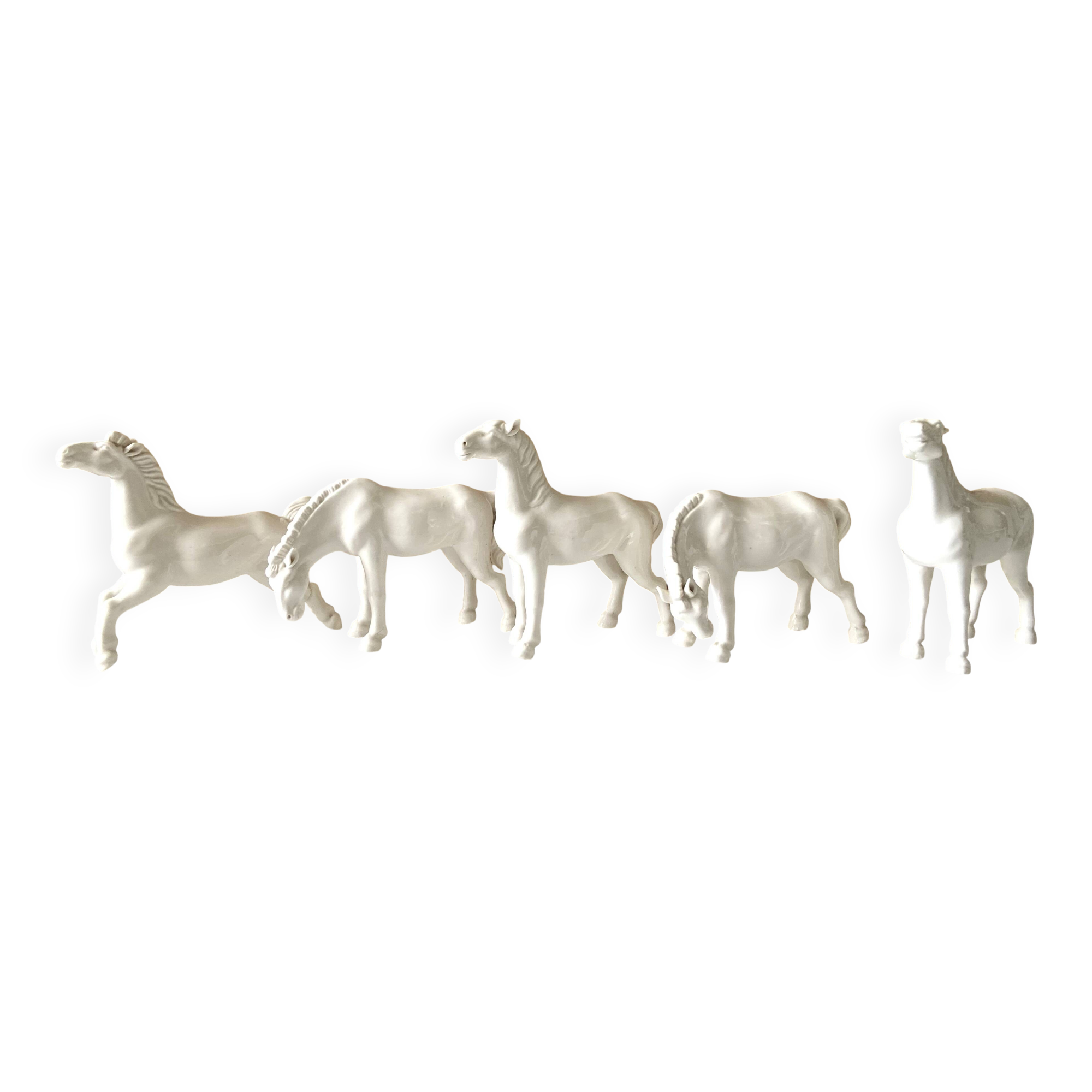5 White Porcelain Glazed Horses of Happiness Figurines Statuettes