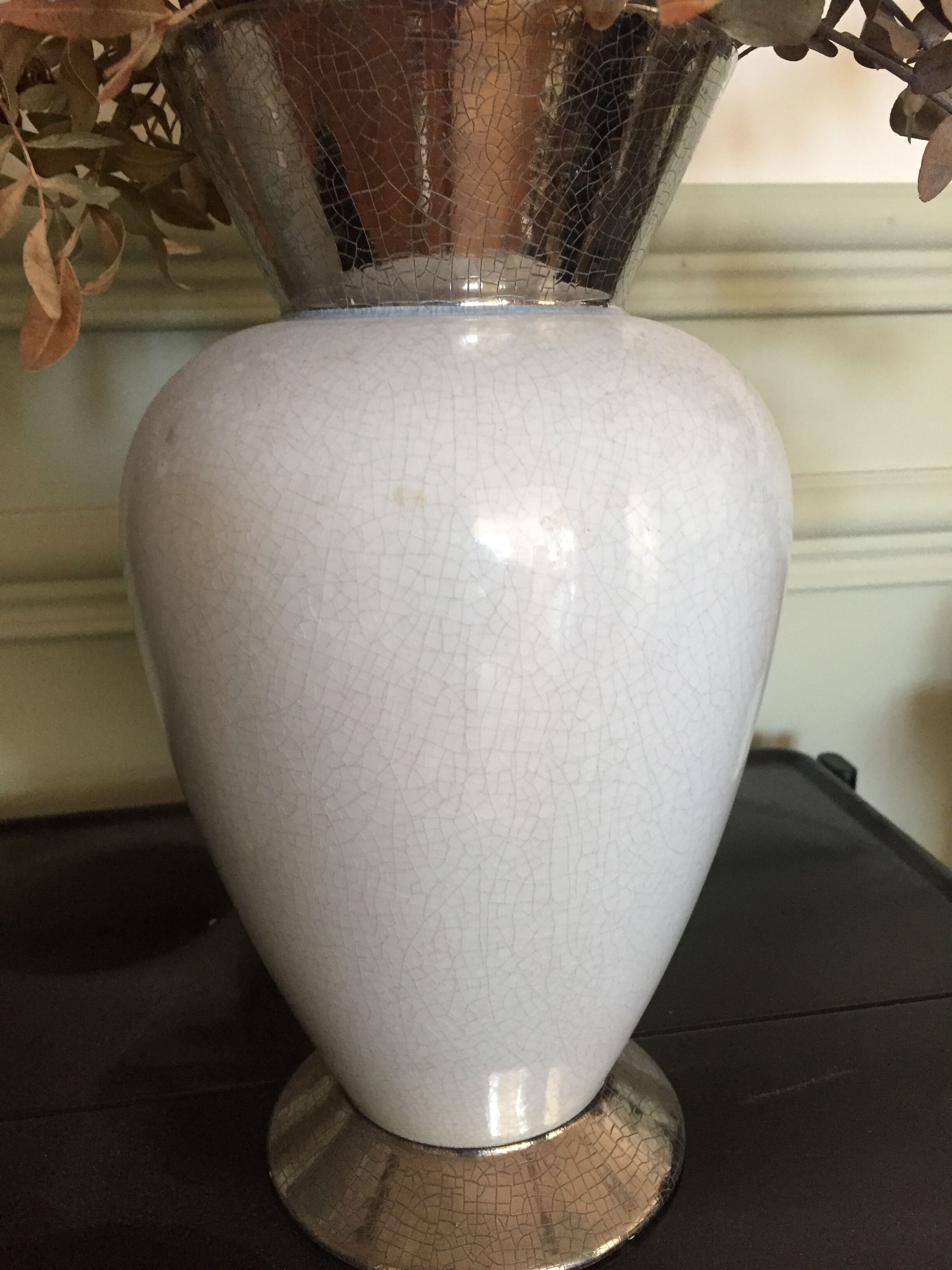 Pair of white and silver vases style cracked enamel