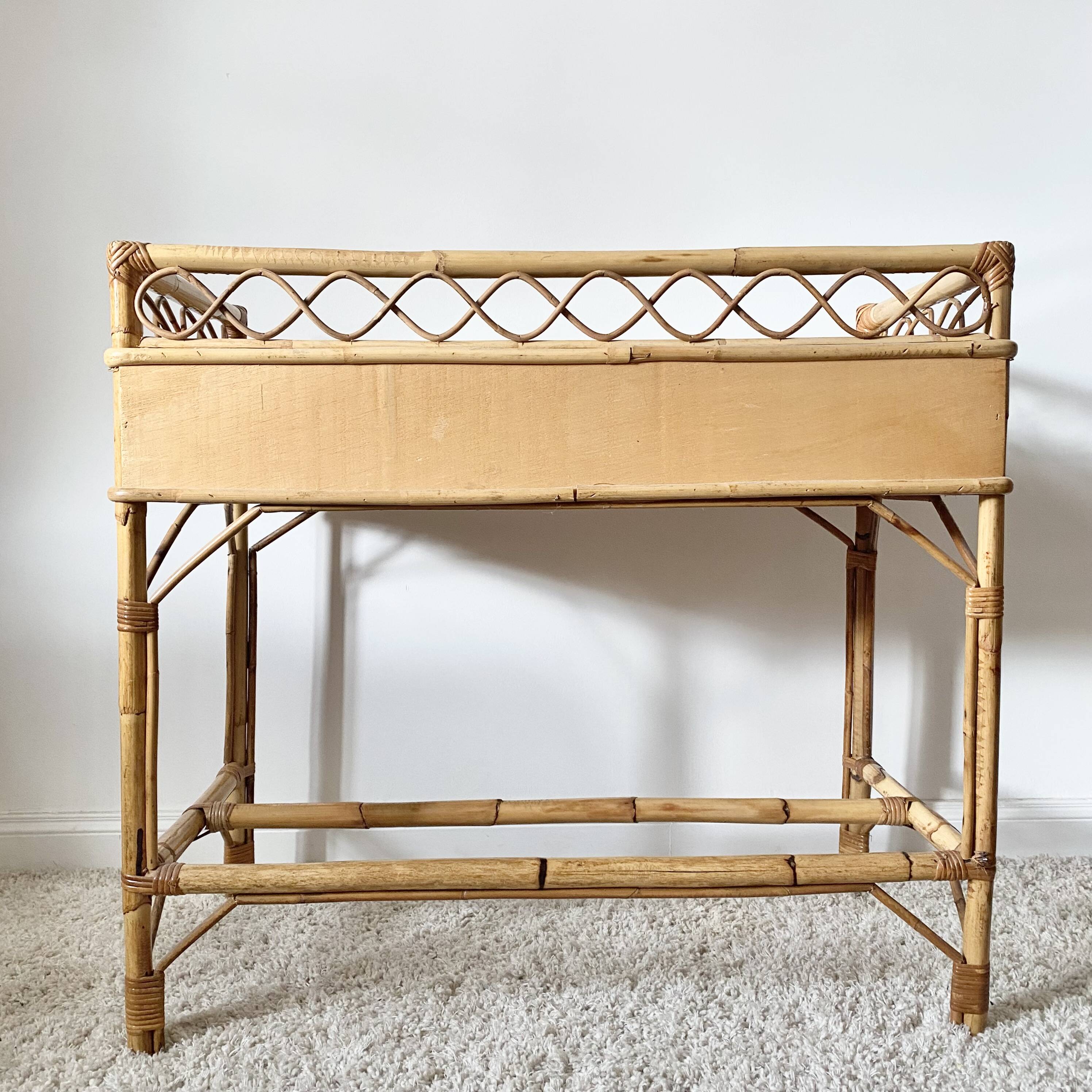 Vintage rattan desk with stool