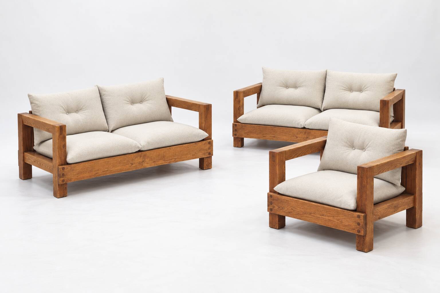 Solid oak seating ensemble rebuilt in 100% virgin wool — two sofas and loun