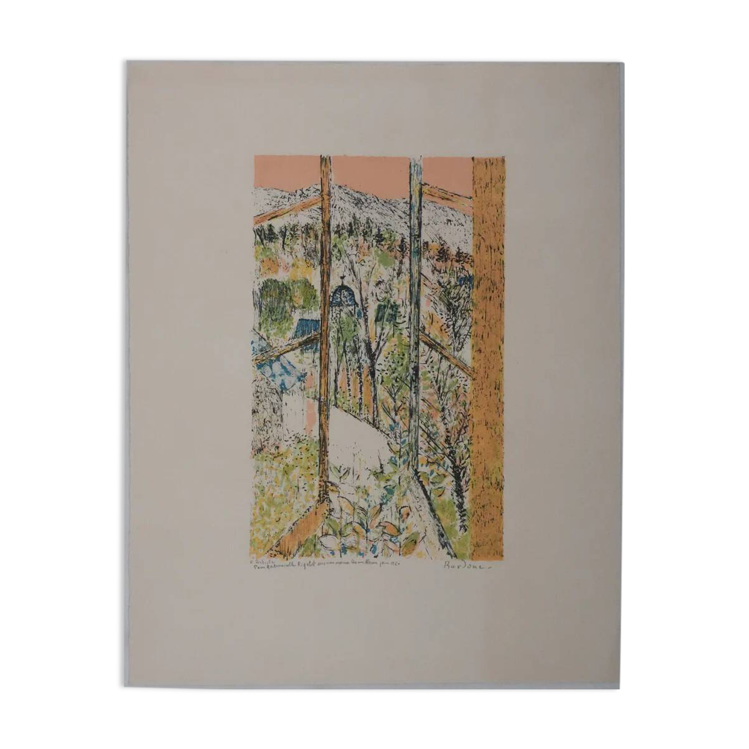 Guy BARDONE: Window open to the garden, signed original lithograph.