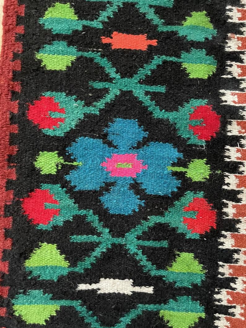 Moldavian runner rug with stylized flowers and geometric design