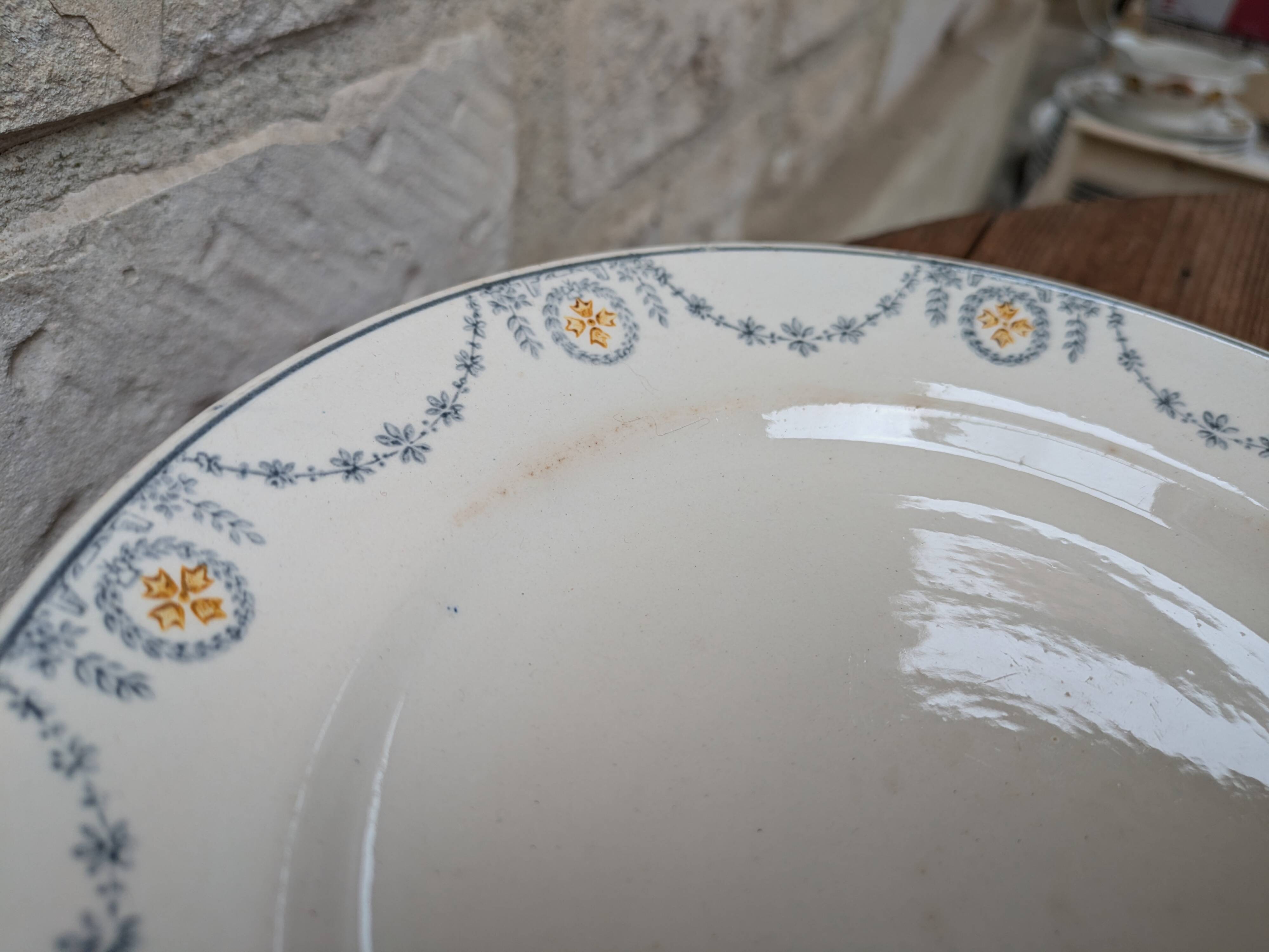 Old plate on pedestal serving dish Longwy Moselle model