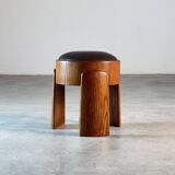 Sculptural Ash Wood Stool B.V. Waxed Dark Brown Leather by FORME, Italy
