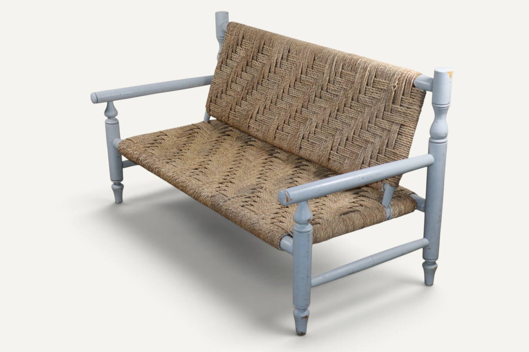 Vintage bench in braided rope and painted wood, 1950s-60s.